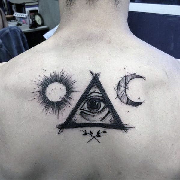 Sketched Male Eye Of Providence Upper Back Tattoo