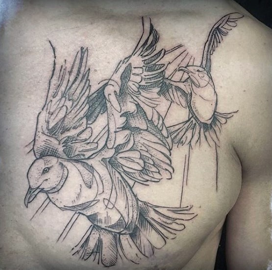 Sketched Mens Flying Seagulls Upper Chest Tattoos