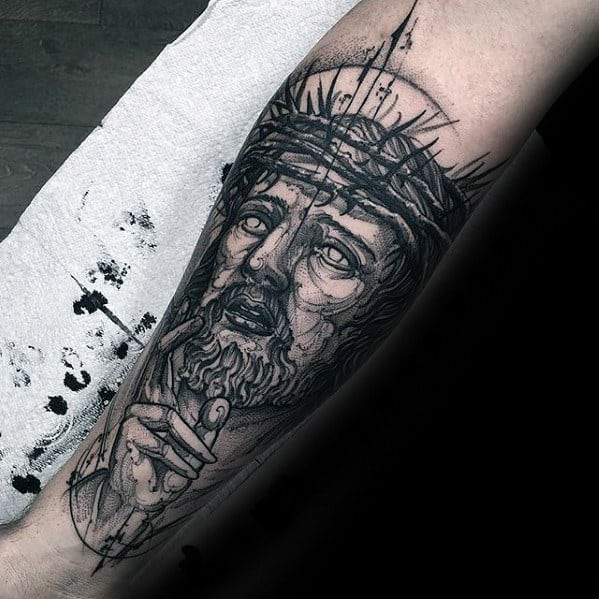 Sketched Mens Jesus Catholic Forearm Tattoo
