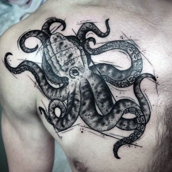 Sketched Mens Octopus Upper Chest Tattoos