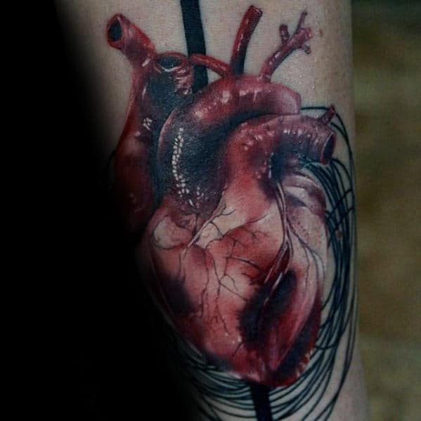 Sketched Mens Realistic Heart Inner Forearm Tattoos