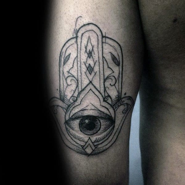 Sketched Mens Tricep Hamsa Tattoos