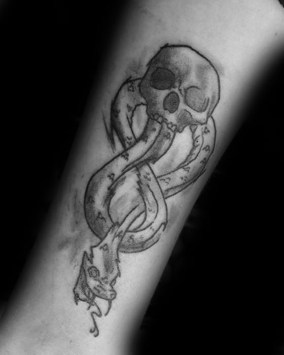 Sketched Shaded Black And Grey Ink Forearm Mens The Dark Mark Tattoo