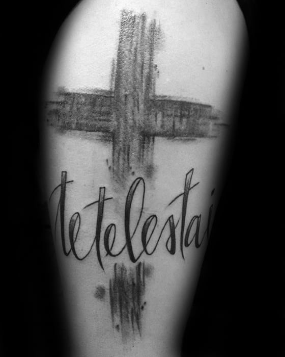 Sketched Shaded Cross With Tetelestai Script Male Arm Tattoos