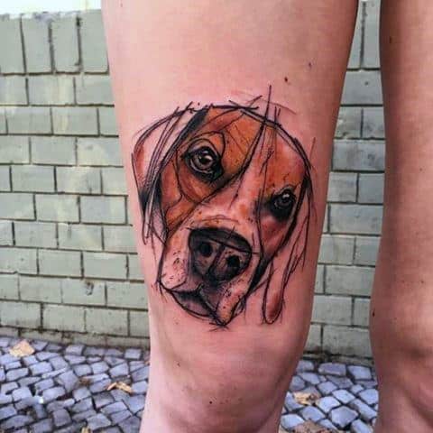 Sketched Style Dog Tattoo For Gentlemen On Leg