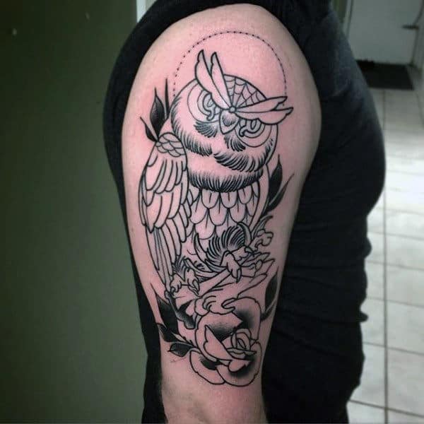 Sketched Style Traditional Male Owl With Rose Arm Tattoos