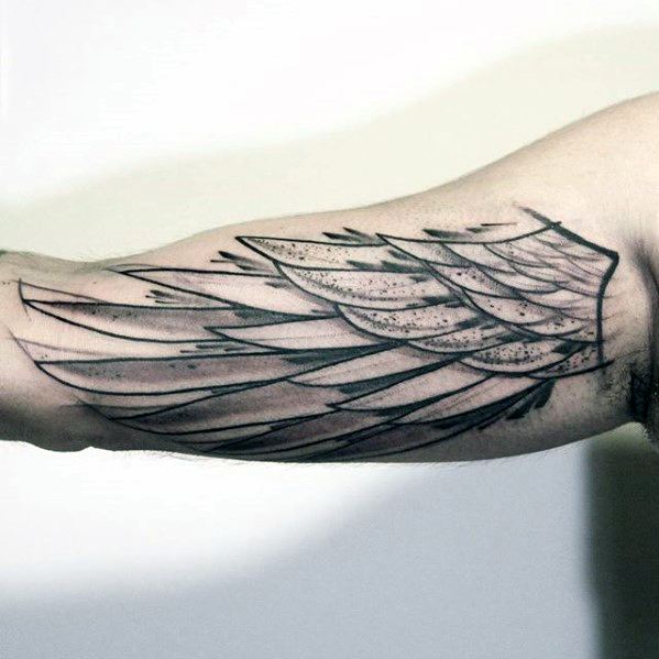 Sketched Watercolor Angel Wing Mens Unique Inner Arm Bicep Tattoo