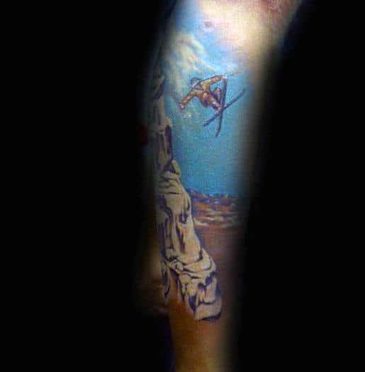 Skier Going Off Cliff Of Mountain Guys Leg Sleeve Tattoos