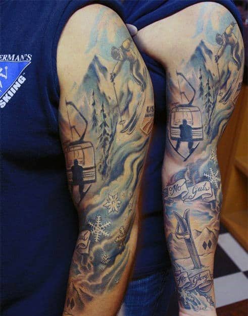 Skiier Sitting On Chair Lift Mens Sleeve Tattoos