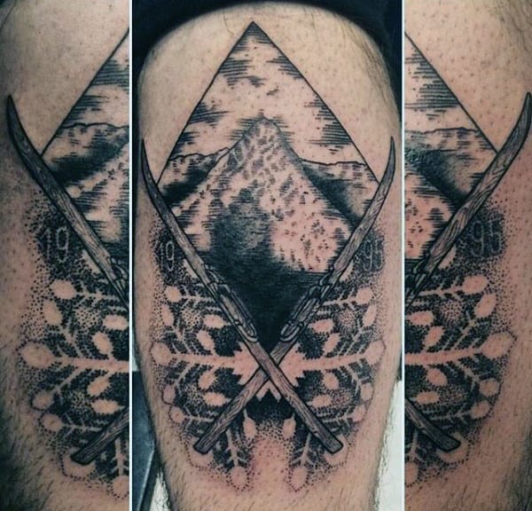 Skiing Snowflake Mens Thigh Tattoo Designs