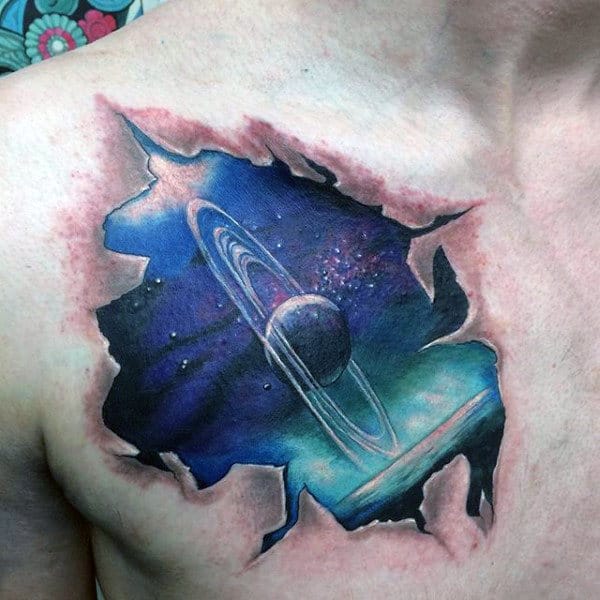 Skin Crackling Open To Showcase Astronomy Tattoo Male Chest