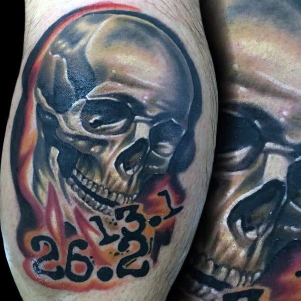 Realistic flaming skull tattoo with bold “13.1” and “26.2,” symbolizing the fierce intensity and grit behind half and full marathons.