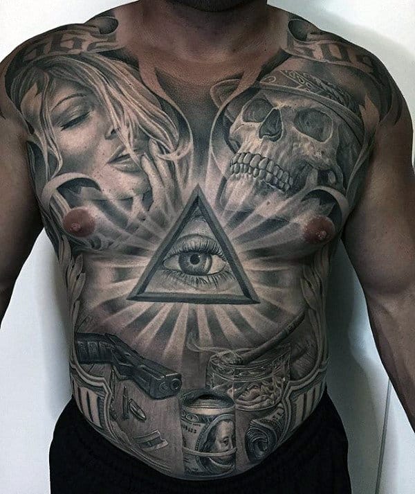 Skull All Seeing Eye Sun Rays Male Tattoo On Chest