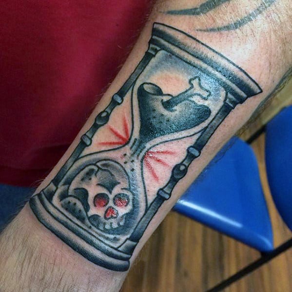 Skull And Bone Traditional Hourglass Mens Forearm Tattoo