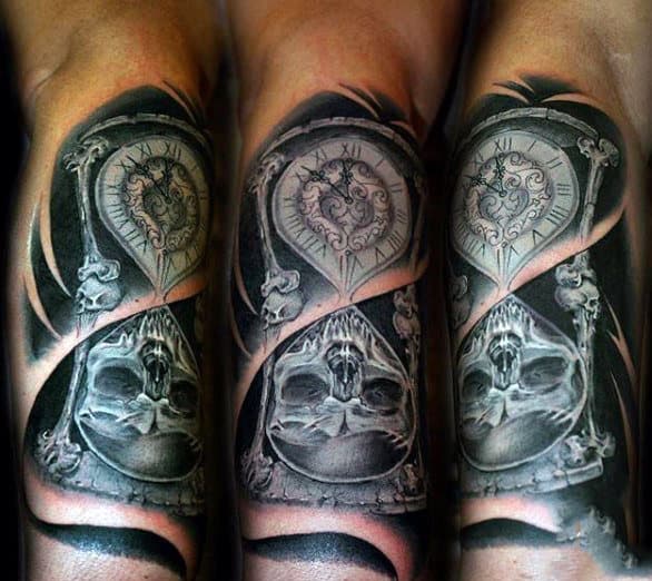 Skull And Clock Sand Timer Hourglass Mens Arm Tattoos