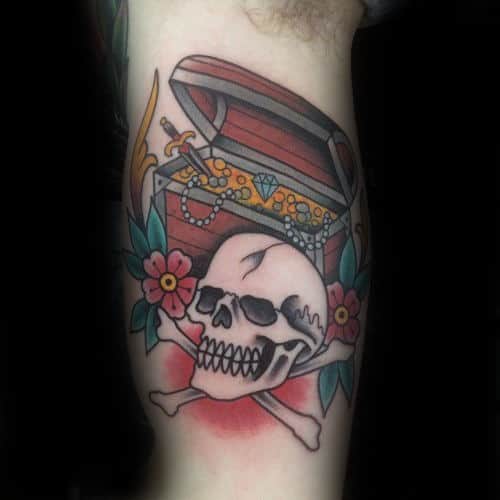Skull And Cross Bones With Treasure Chest Guys Inner Arm Bicep Tattoo Designs