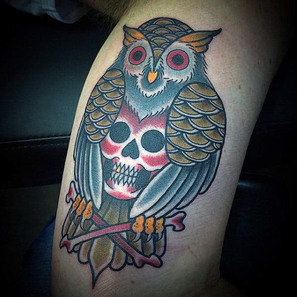 Skull And Crossbones Owl Traditional Guys Inner Arm Bicep Tattoos
