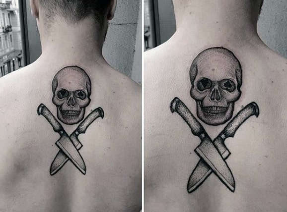 Skull And Crossed Knives Dotwork Tattoo Male Back