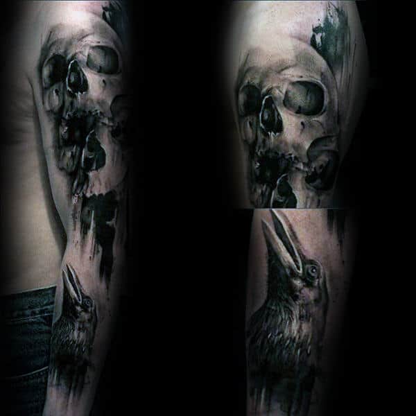 Skull And Crow Brush Stroke Mens Sleeve Tattoos
