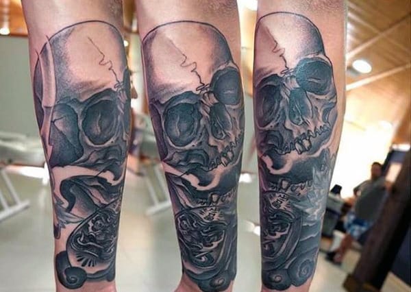 Skull And Daruma Doll Mens Forearm Tattoos