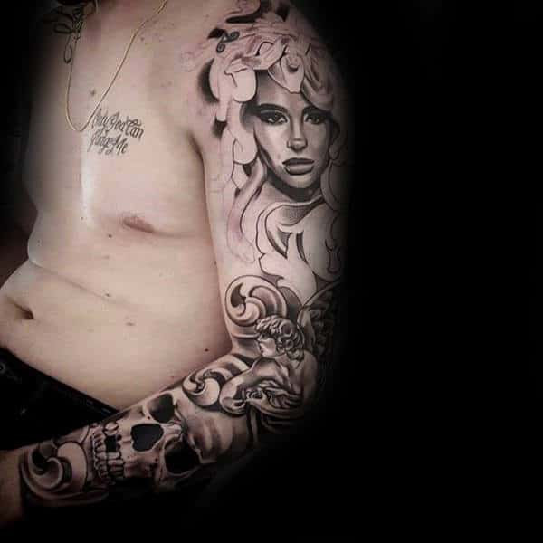 Skull And Female Chicano Male Tattoo Sleeve