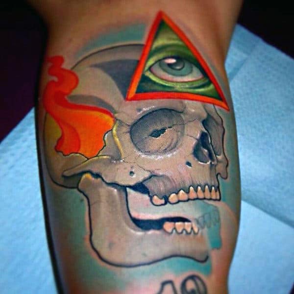 Skull And Green Eye In Triangle Tattoo Male Forearms New School