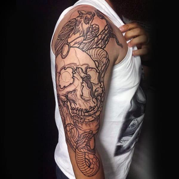 Skull And Snake Guys Crow Half Sleeve Tattoos