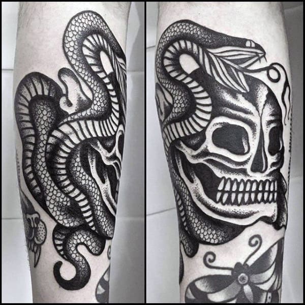 Skull And Snake Mens Traditional Outer Forearm Tattoos