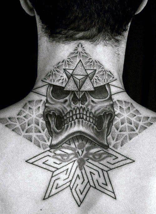 Tattoo of a skull, geometric shapes, and a maze-like design on the back of the neck