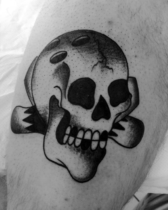 Bold blackwork tattoo of a skull with bowling ball holes and crossed pins, blending bowling and classic skull imagery in a unique design