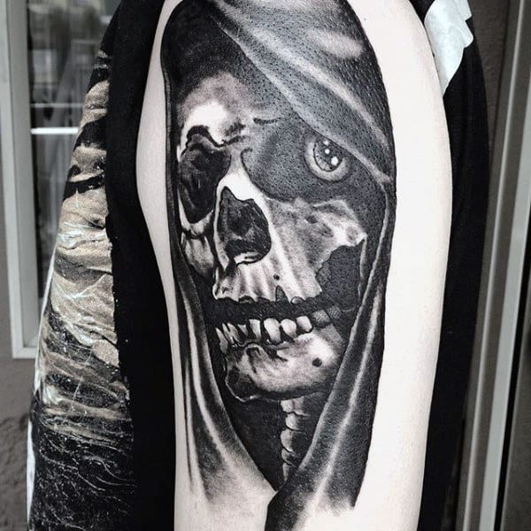 Skull Black Grim Reaper Tattoos For Males On Upper Arm