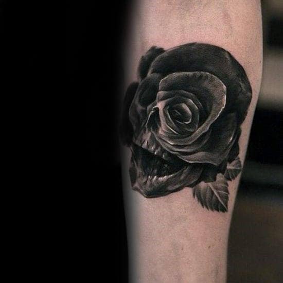 Skull Black Rose Optical Illusion Mens Tattoos