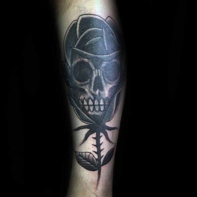 Skull Black Rose With Stem Mens Forearm Tattoos