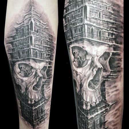 Skull Building Mens Arm Tattoos