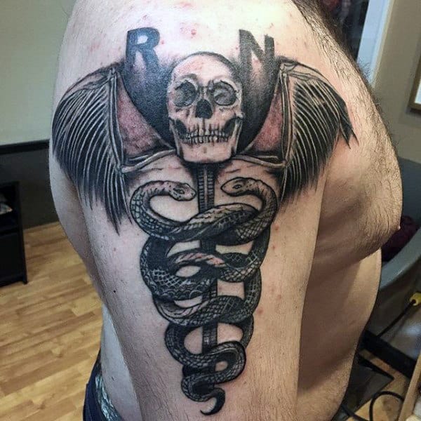Skull Caduceus Mens Arm Tattoo