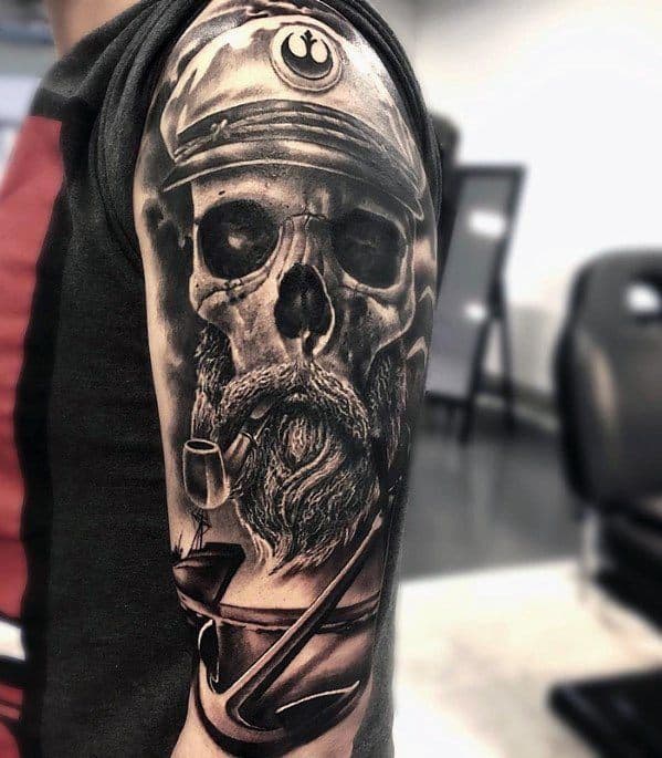 Skull Captain With Anchor Half Sleeve Tattoo