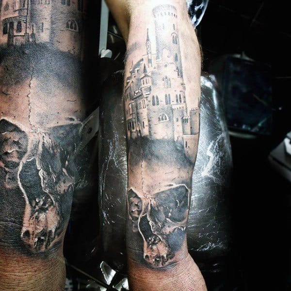 Skull Castle Lower Arm Half Sleeve Design Tattoo For Guys