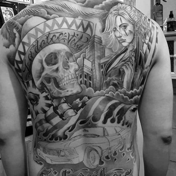 Skull Chicano Male Back Tattoo