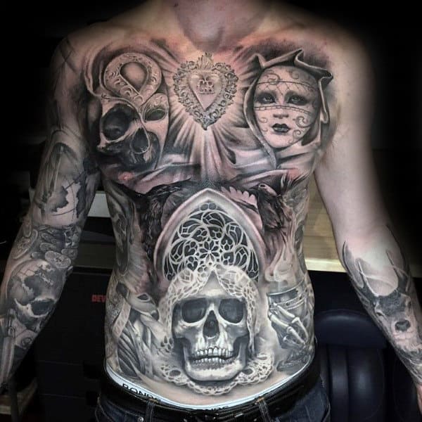 Skull Church Window Guys Full Chest Chicano Shaded Tattoo