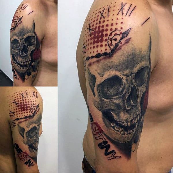 Skull Clock Male Trash Polka Upper Arm Tattoo Designs
