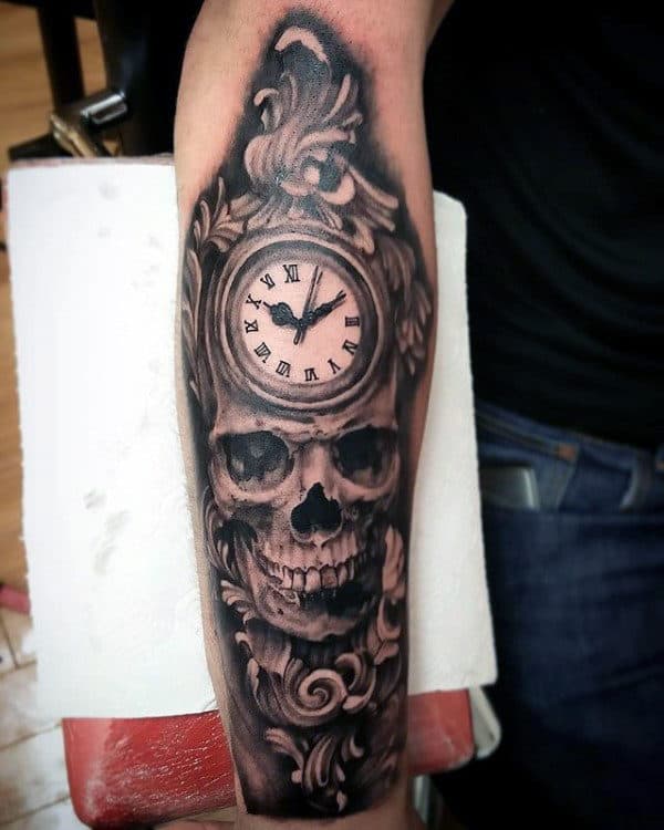Skull Clock Mens Filigree Forearm Tattoo Design Inspiration