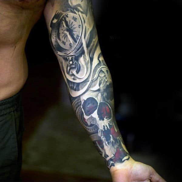 Skull Compass Inner Forearm Tattoo On Man