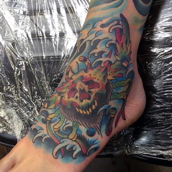 Skull Crab Mens Foot Tattoo With Ocean Waves Designs