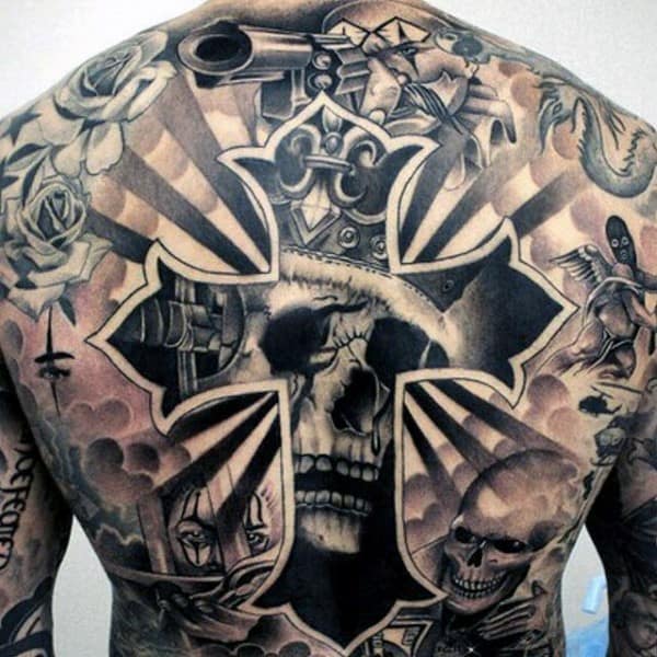 Skull Cross Chicano Mens Back Tattoos