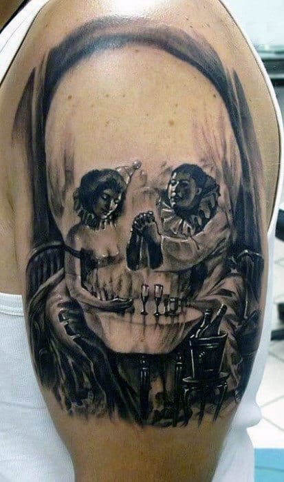 Skull Dinner Table Optical Illusion Mens Upper Arm Tattoos