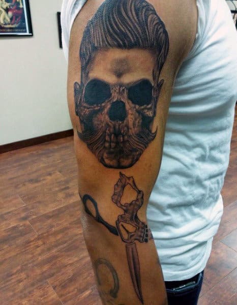 Skull Face And Scissors Upper Arm Mens Tattoos