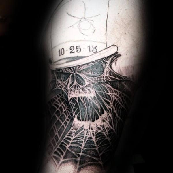 Skull Face Spider Web Mens Arm Tattoo Design Ideas