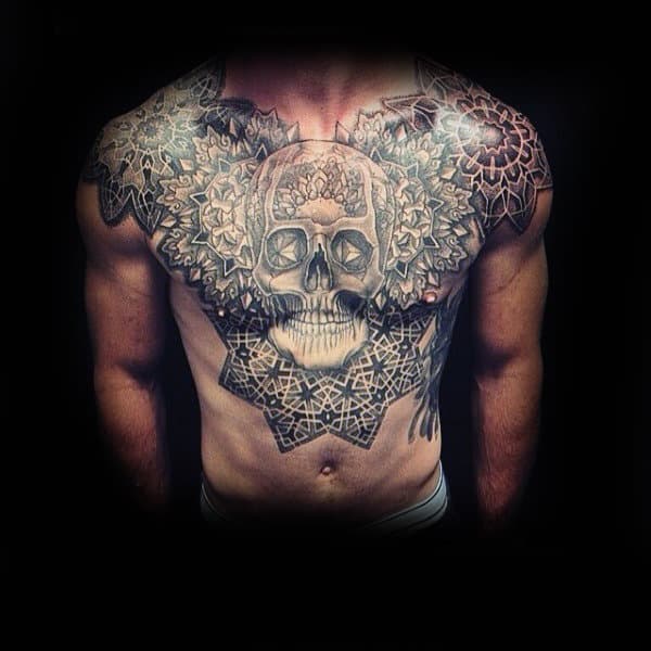 Skull Factal Male Chest Tattoos