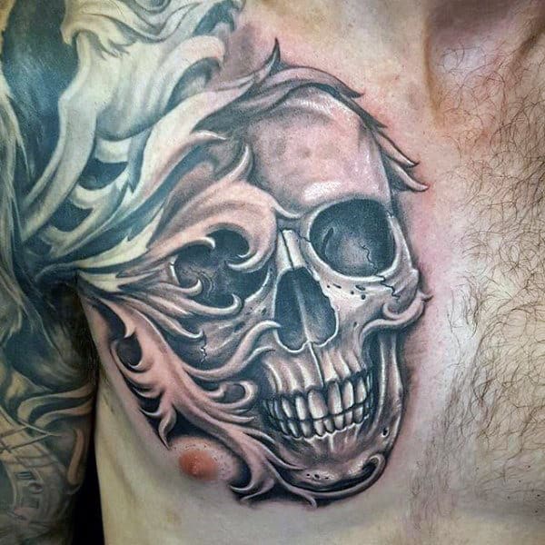 Skull Filigree Chest Tattoo For Males