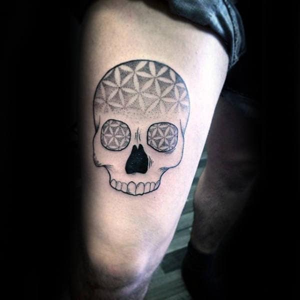 Skull Flower Of Life Mens Thigh Tattoos